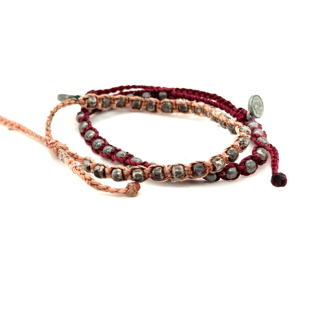 Pura Vida Braided Bead Bracelet Set Burgundy Peach Boho Stackable 2pc